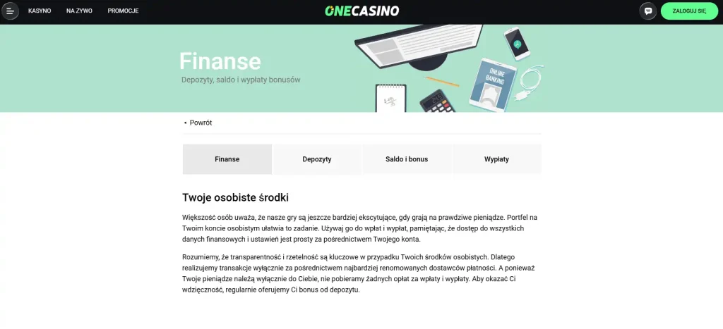 Sekcja informacji finansowych One Casino z opisem metod płatności