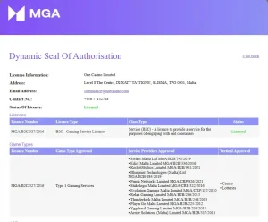 Widok wpisu One Casino Limited w rejestrze Malta Gaming Authority