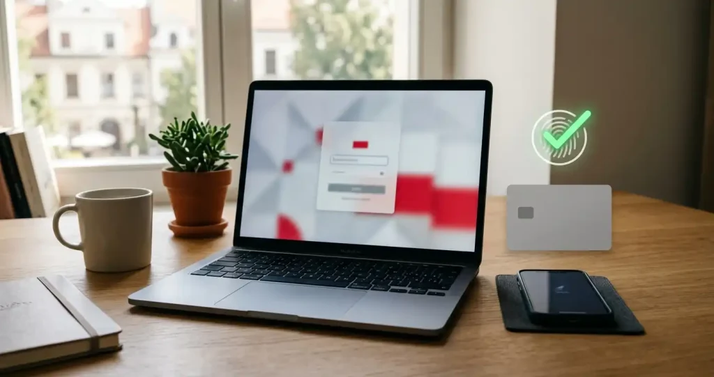 Telefon i laptop obok neutralnej ikony potwierdzenia danych oraz karty płatniczej